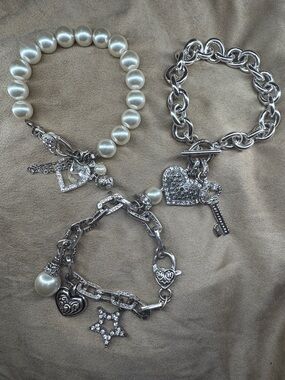 Y2K Silver Rhinestone & Pearl Charm Bracelet Set — Fashion Jewelry - Set of 3